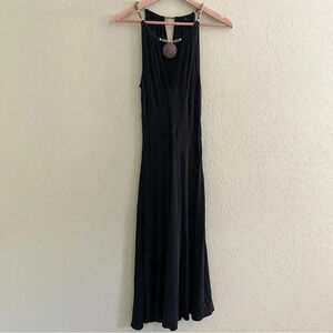 eci New York Dress Rayon Wooden Bead Neck Size Medium Sleeveless Mid Calf Black